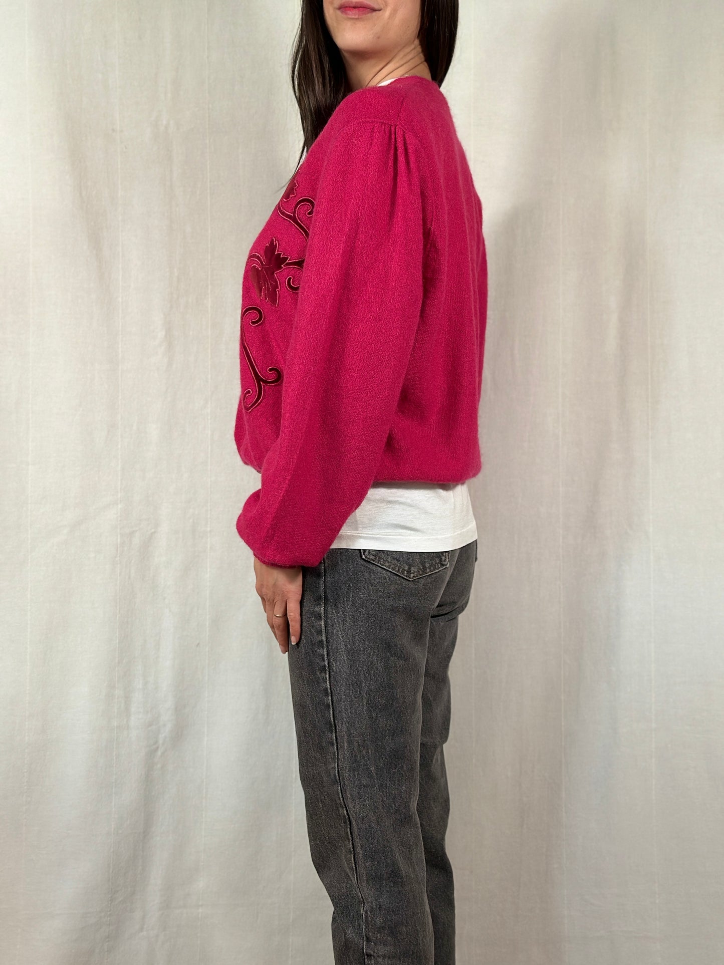 Cardigan Vintage Anni ‘80 in Misto Superkid Mohair Fucsia Tg.da 46 a 52