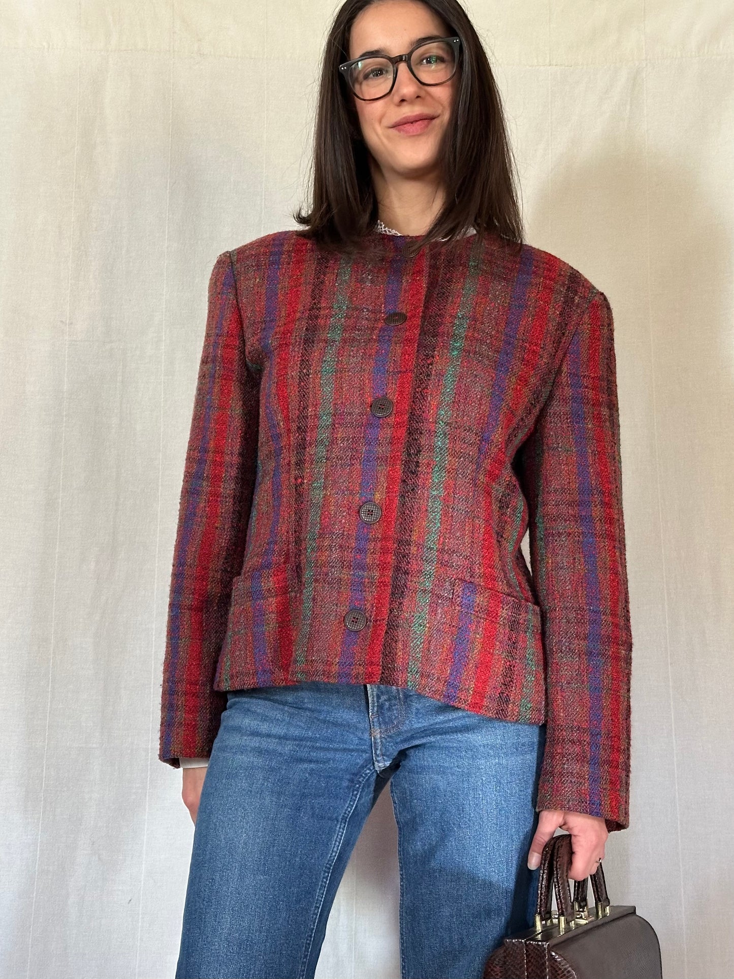 Giacca Missoni Vintage Anni ‘80 in Tweed di Lana Bouclé Bordeaux Tg.44/46