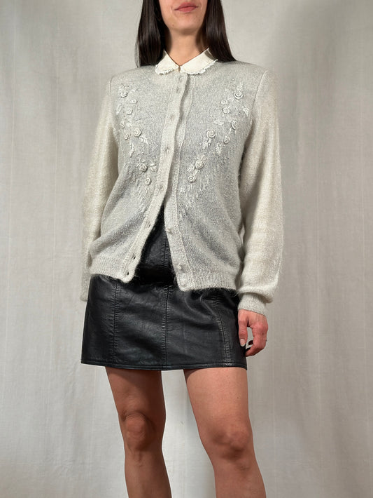 Cardigan Vintage Anni ‘80 Ricamato in Misto Mohair Verde Acqua