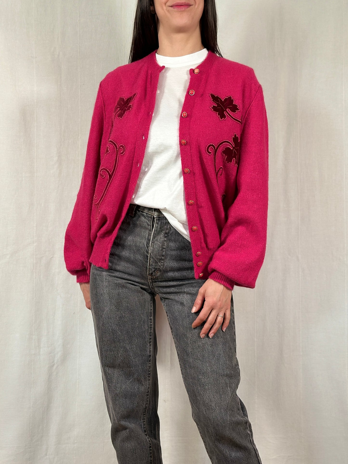 Cardigan Vintage Anni ‘80 in Misto Superkid Mohair Fucsia Tg.da 46 a 52