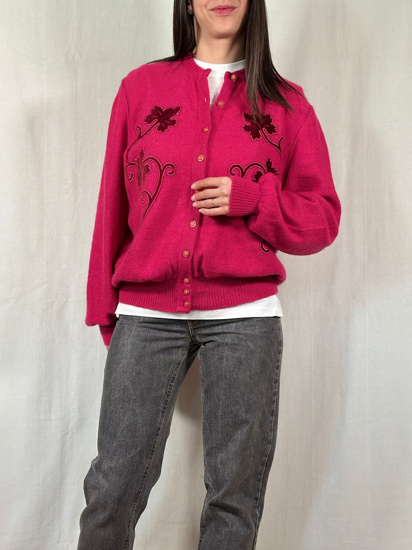 Cardigan Vintage Anni ‘80 in Misto Superkid Mohair Fucsia Tg.da 46 a 52