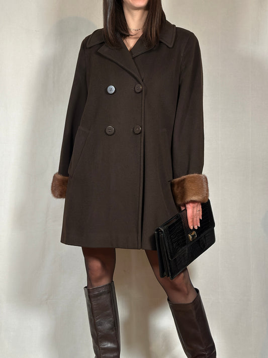 Cappotto Olmar in Lana e Angora Loro Piana Marrone con Polsini in Visone