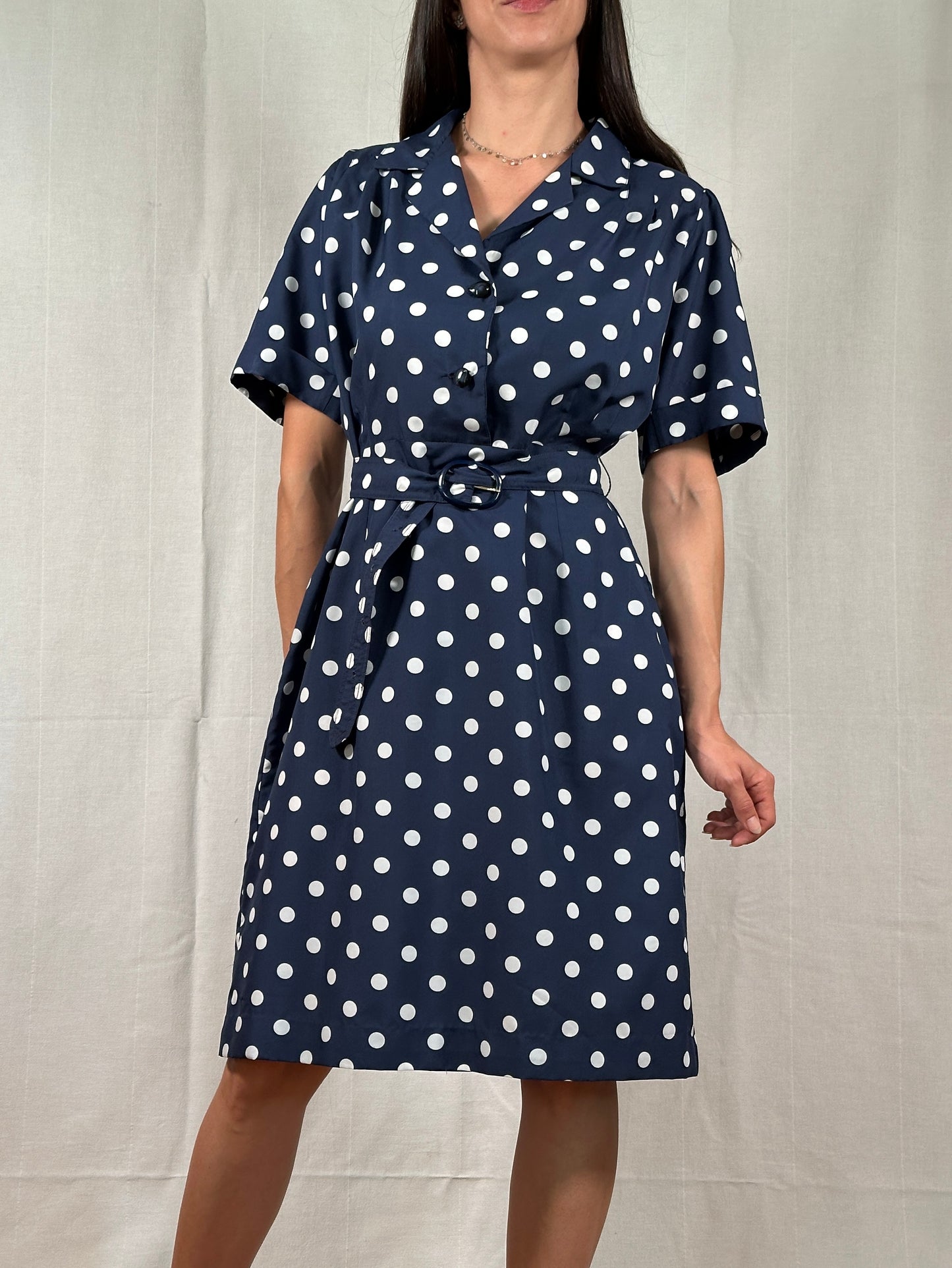 Abito Vintage Anni ‘80 Blu a Pois Bianchi