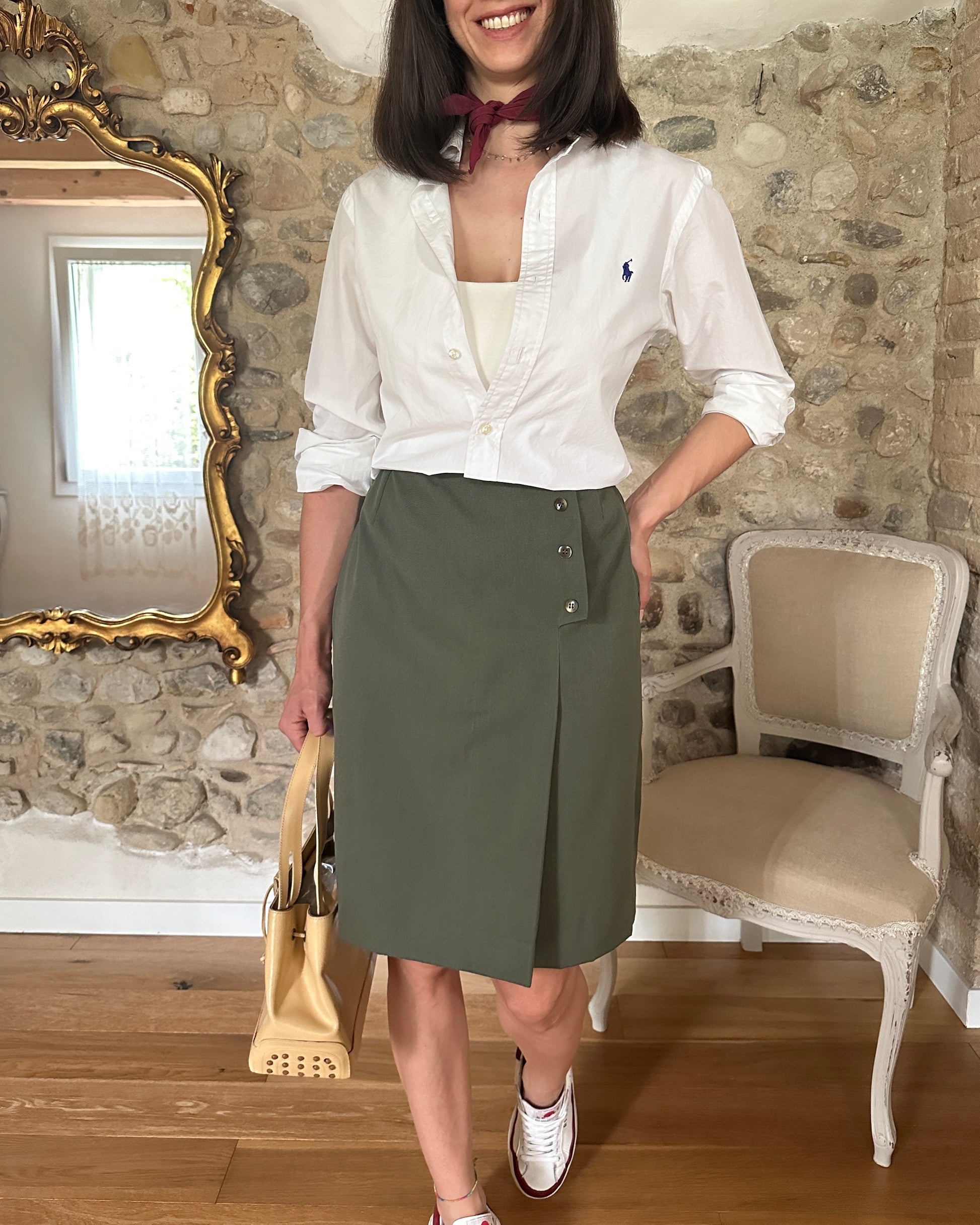 Gonna Nuova Sartoriale Anni '70 in Cotone Verde Militare