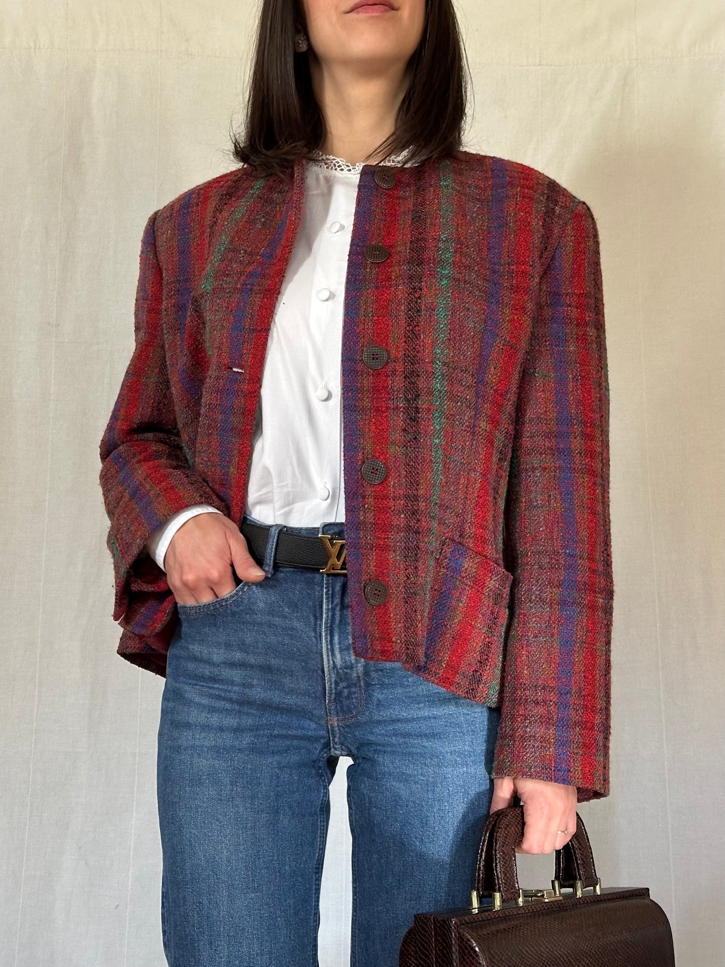 Giacca Missoni Vintage Anni ‘80 in Tweed di Lana Bouclé Bordeaux Tg.44/46