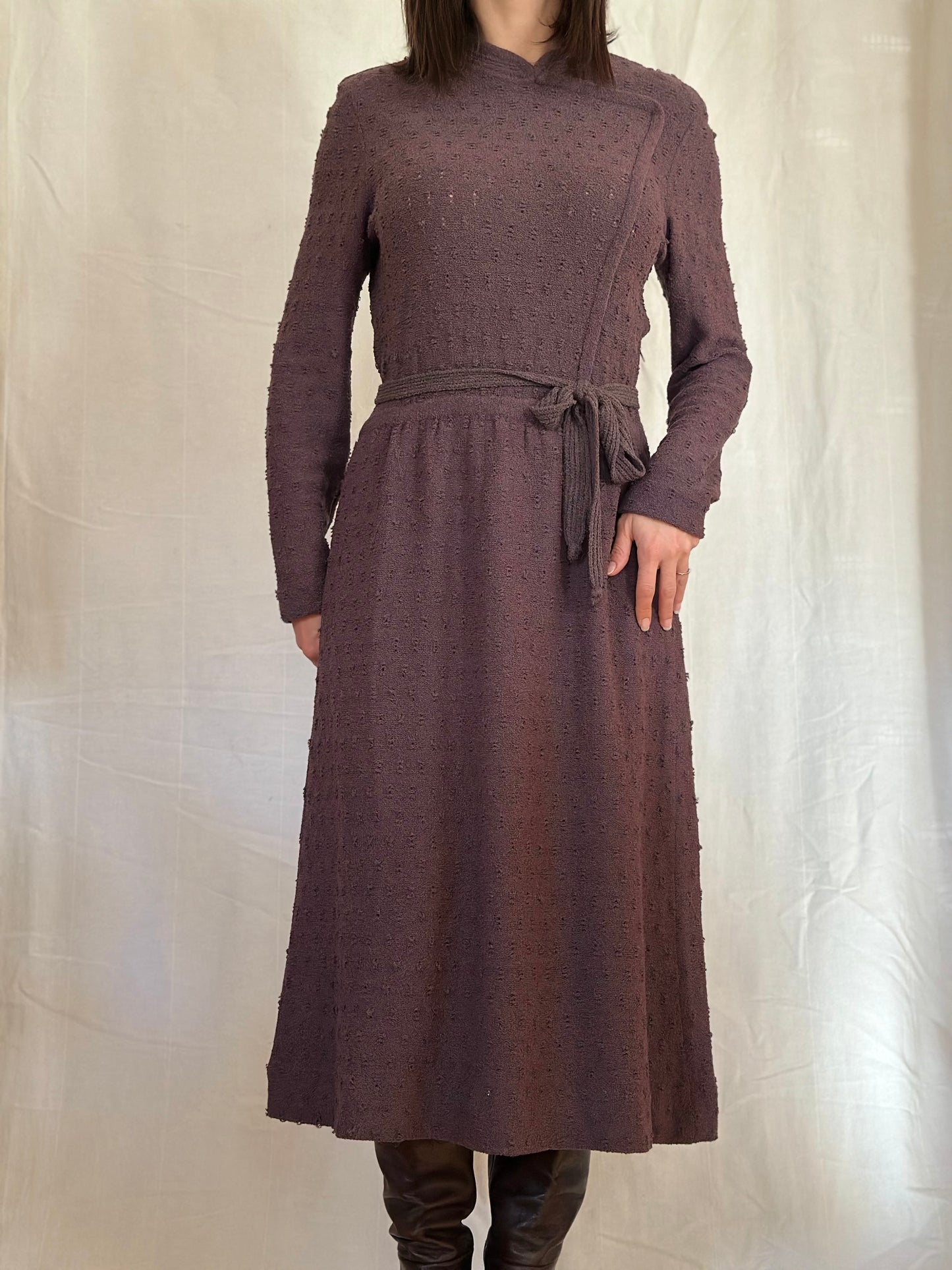 Abito Midi Anni ‘80 Nuovo Misto Lana Prugna Tg.42/44