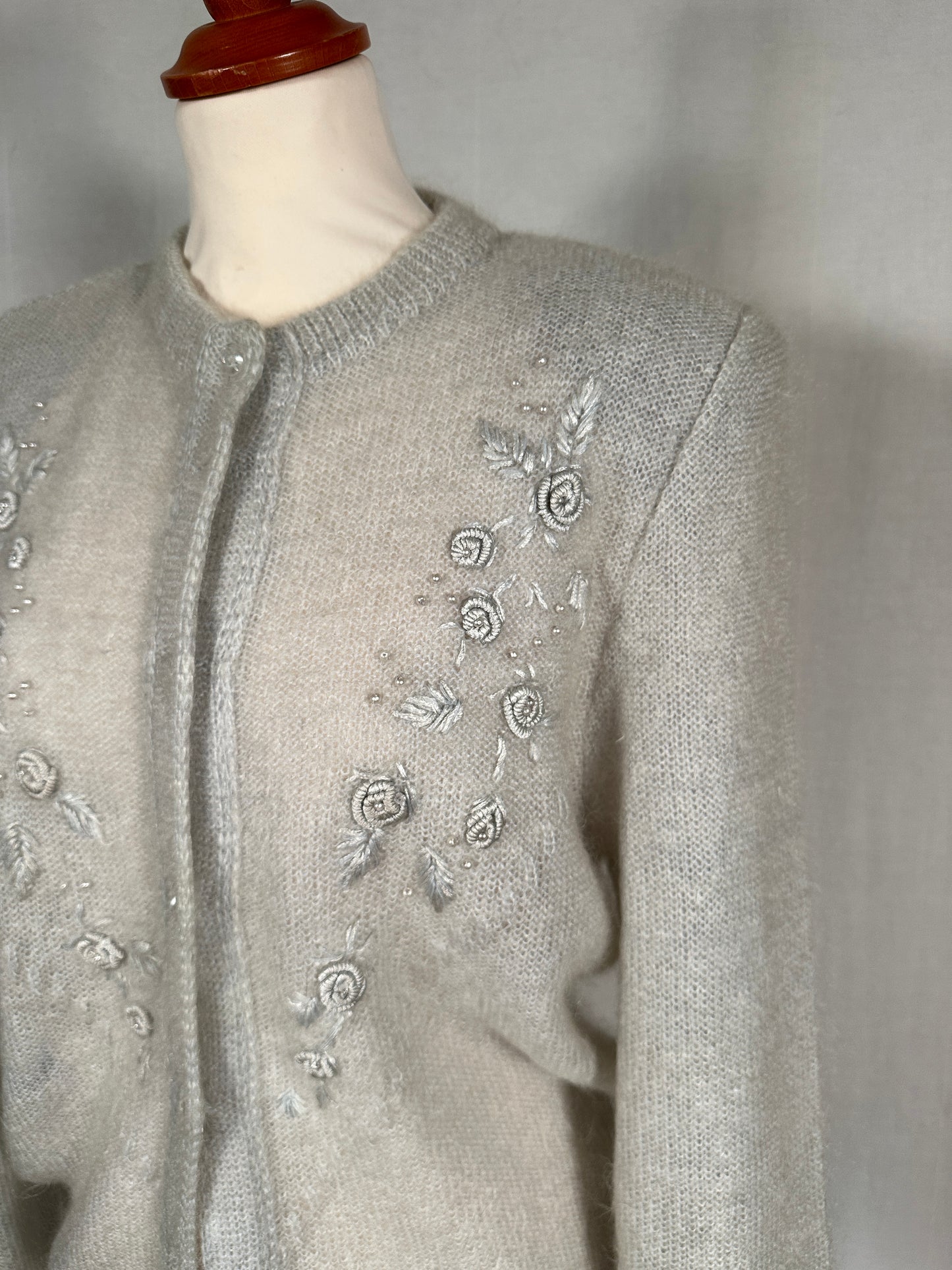 Cardigan Vintage Anni ‘80 Ricamato in Misto Mohair Verde Acqua