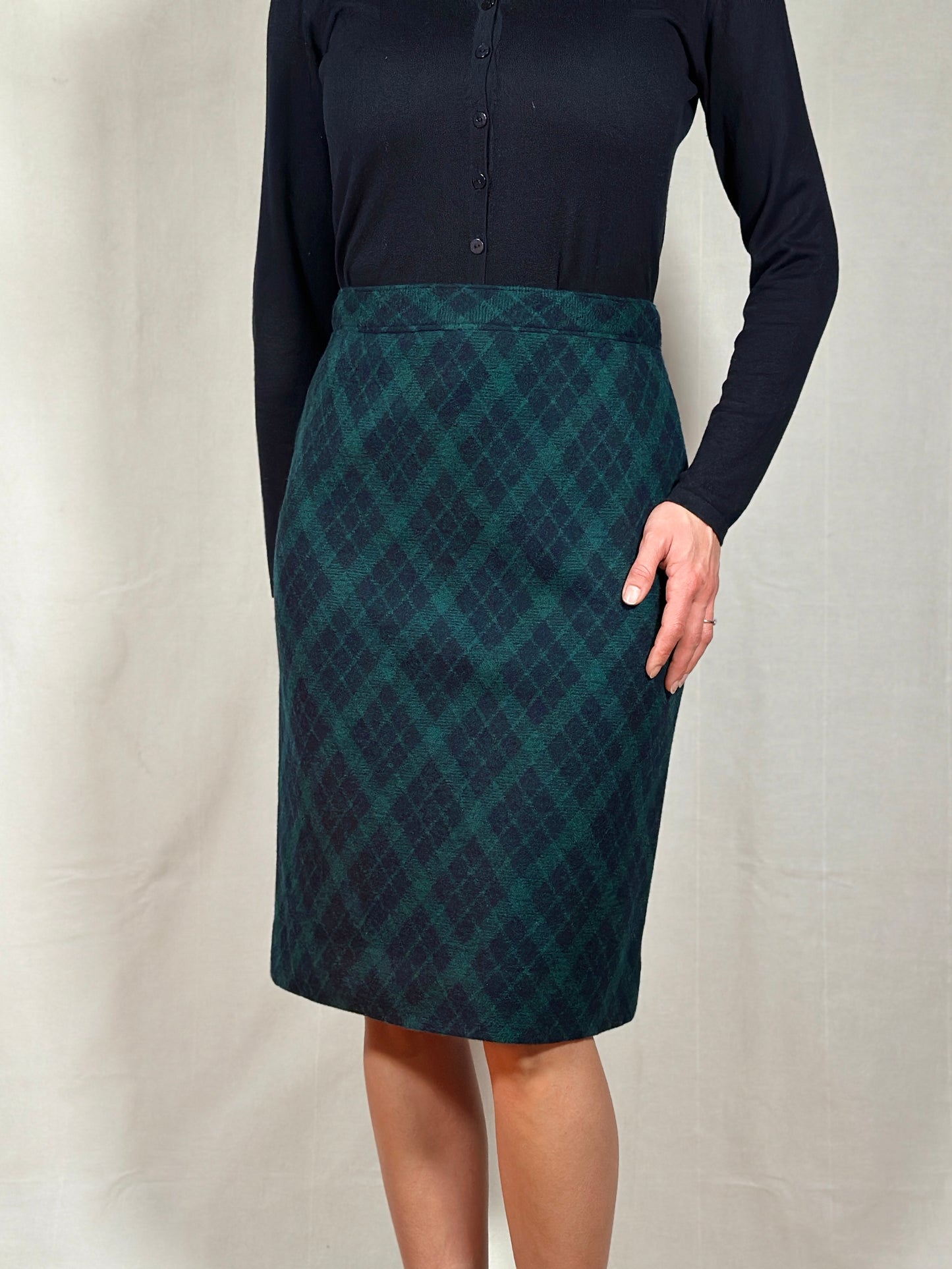 Gonna Tubino Anni ‘80 in Lana Verde a Rombi Blu