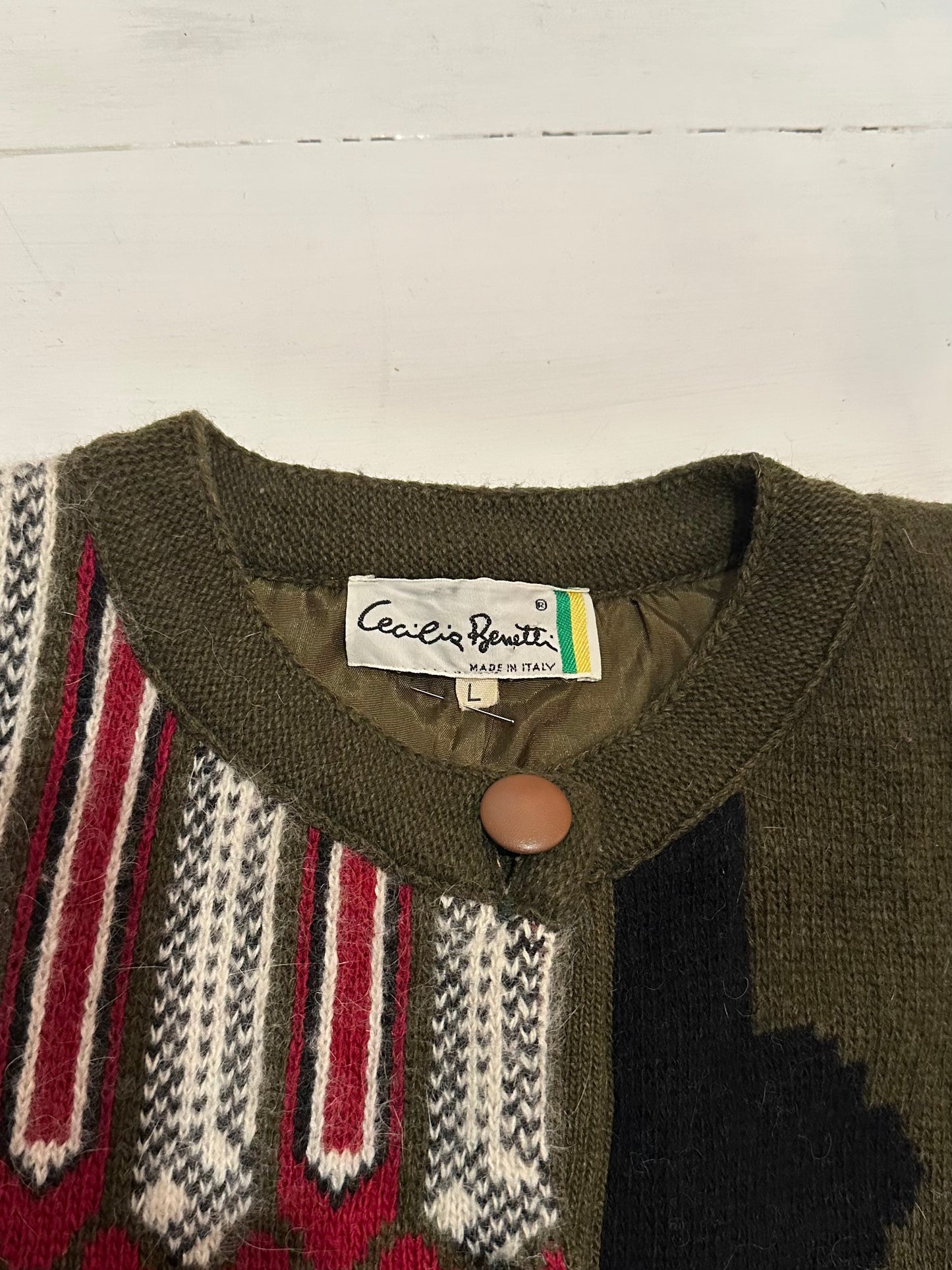 Cardigan Vintage Jacquard in Lana e Angora Verde Oliva Fantasia Bordeaux e Panna