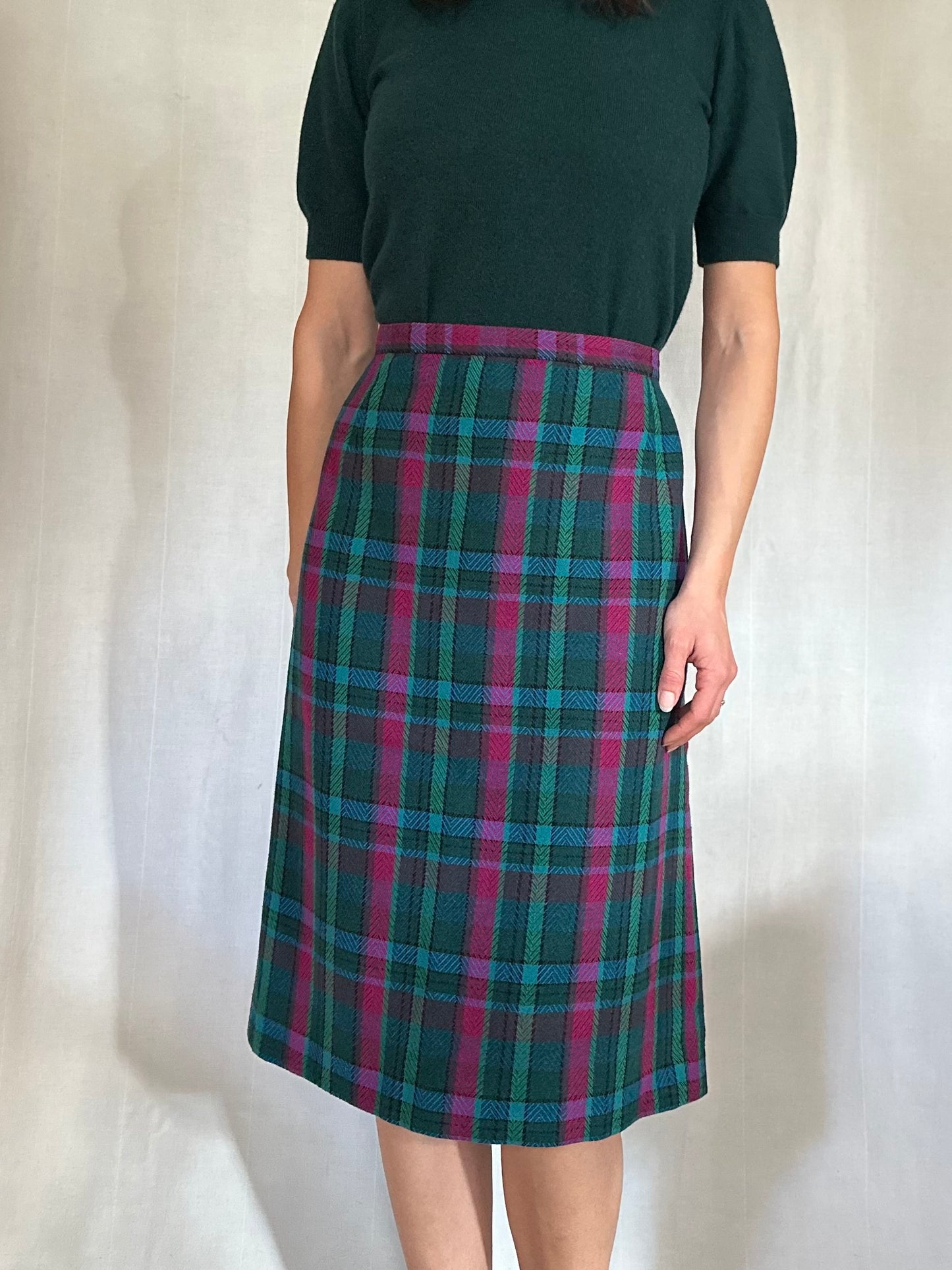 Gonna Tartan Vintage Midi Misto Lana Verde e Fucsia