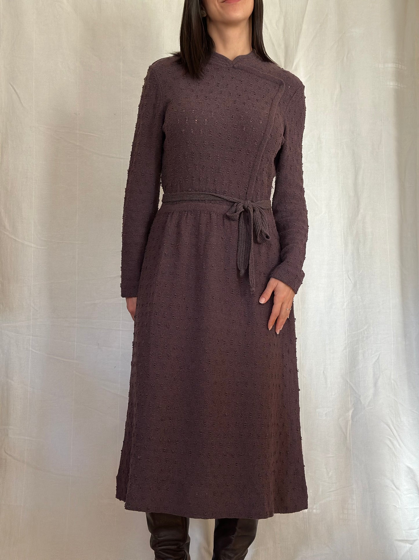 Abito Midi Anni ‘80 Nuovo Misto Lana Prugna Tg.42/44