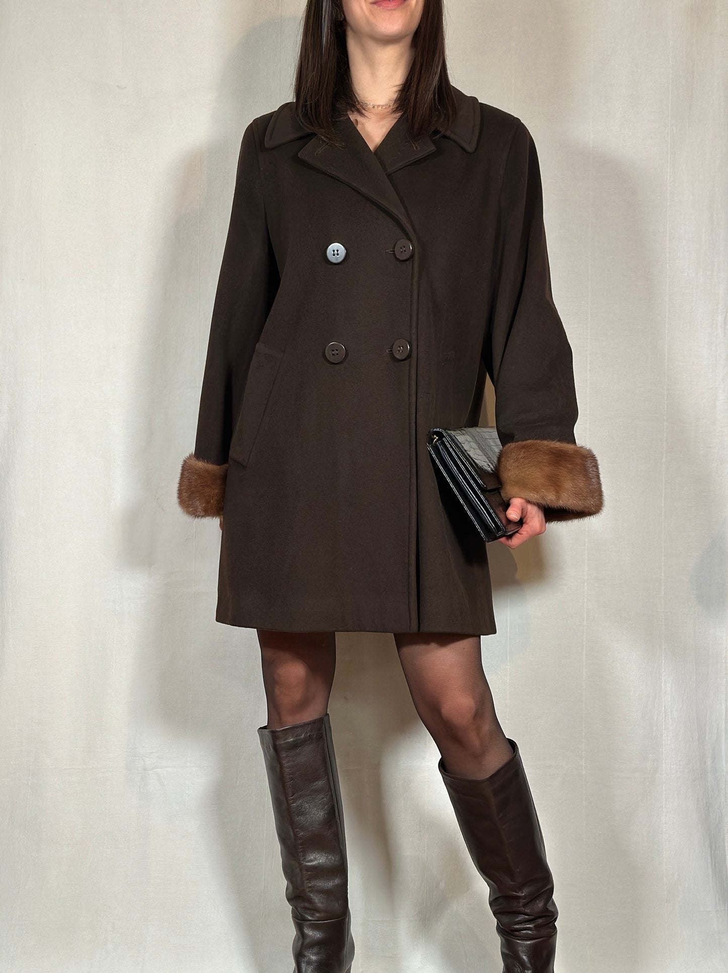 Cappotto Olmar in Lana e Angora Loro Piana Marrone con Polsini in Visone