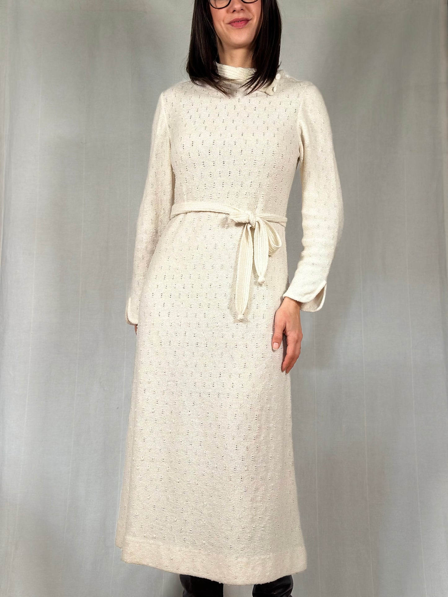 Abito Midi Anni ‘70/‘80 Nuovo Misto Lana Panna Tg.40/42