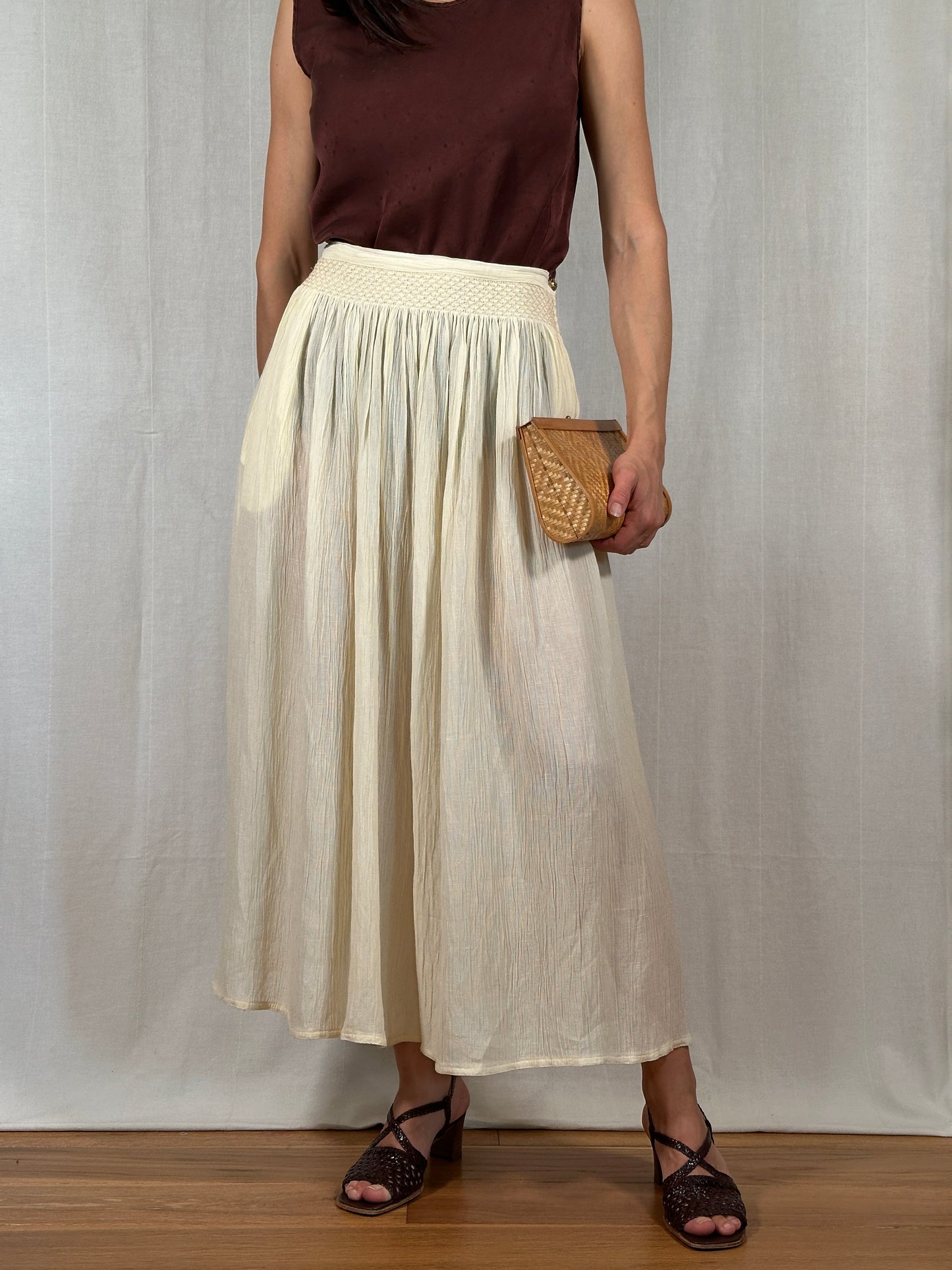 Gonna Lunga Krizia Vintage Fine Anni ‘80 in Viscosa e Lino Color Crema