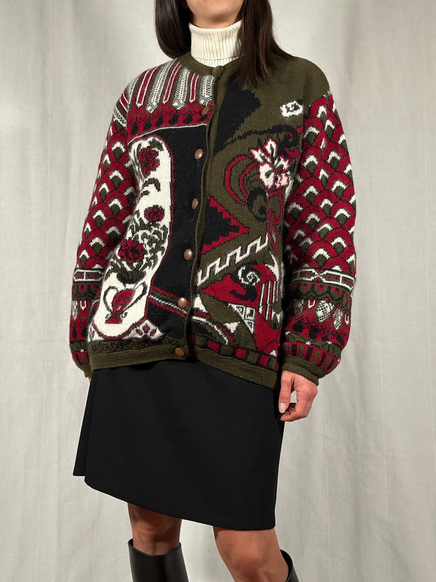 Cardigan Vintage Jacquard in Lana e Angora Verde Oliva Fantasia Bordeaux e Panna