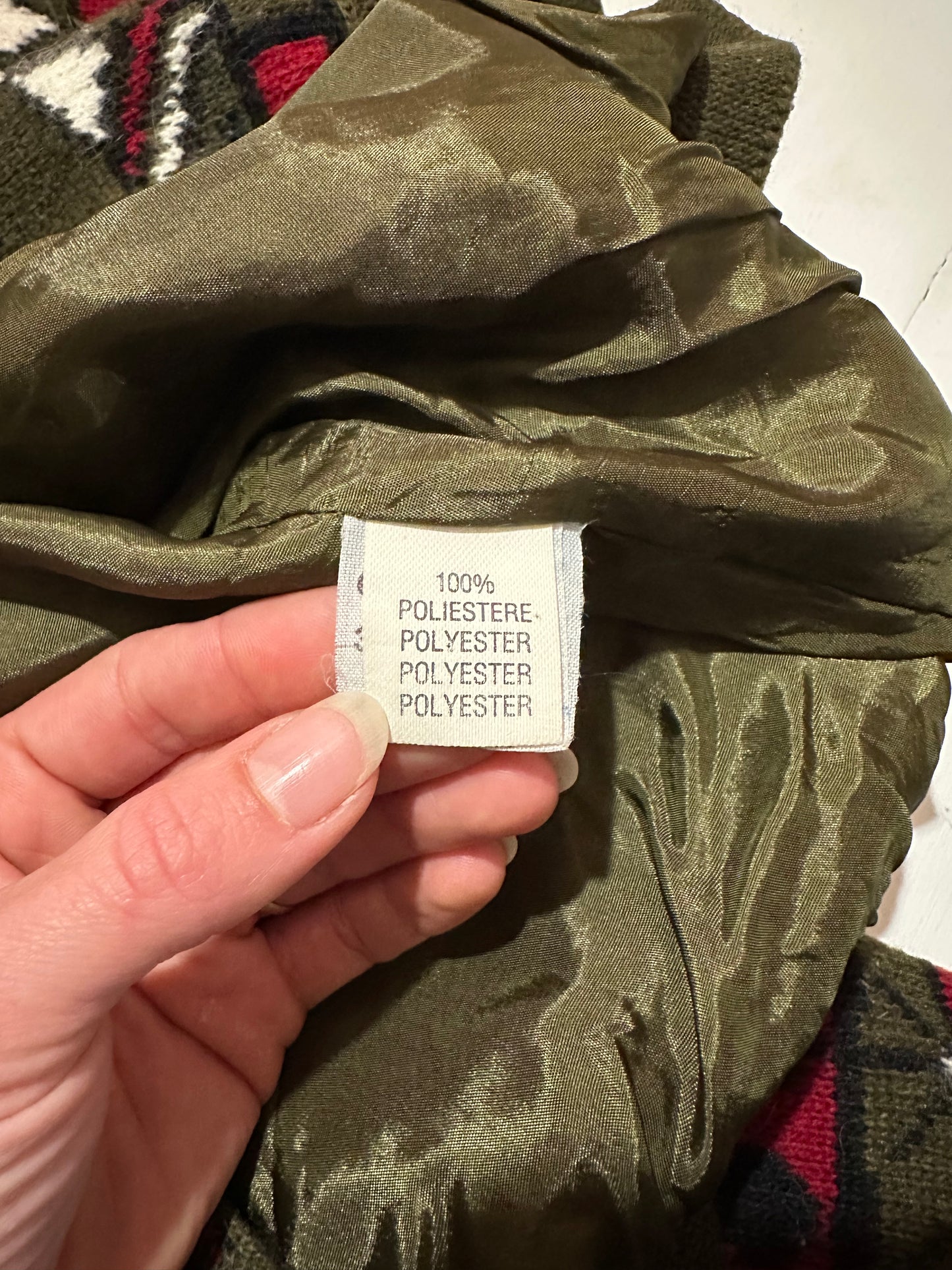 Cardigan Vintage Jacquard in Lana e Angora Verde Oliva Fantasia Bordeaux e Panna