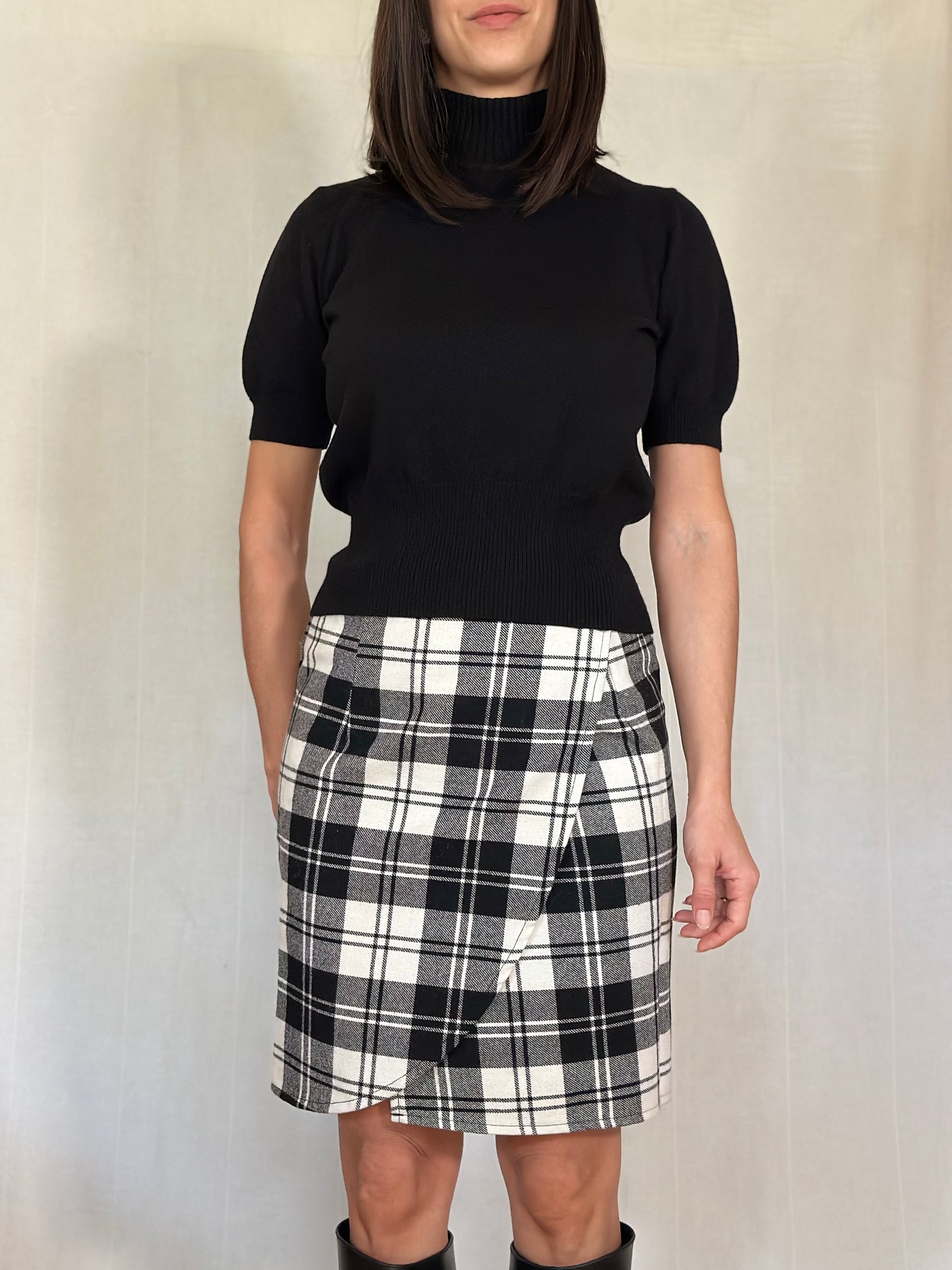 Gonna Anni ‘80 a Quadri Tartan Bianco e Nero Misto Lana tg.40/42