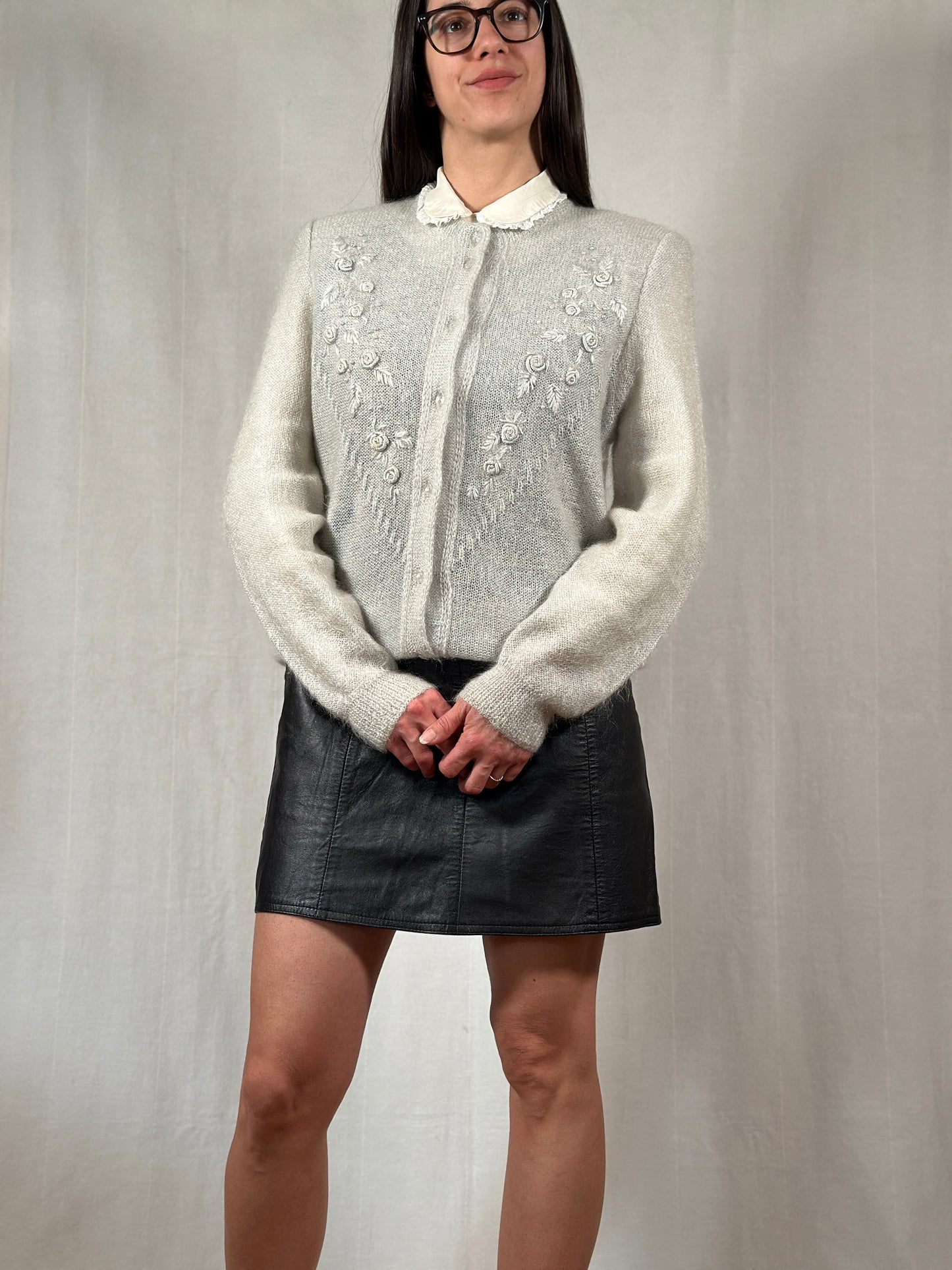 Cardigan Vintage Anni ‘80 Ricamato in Misto Mohair Verde Acqua