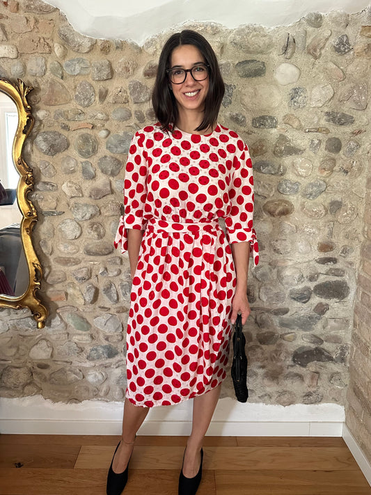 Abito Sartoriale Vintage Anni ‘80 in Seta Jacquard A Pois Rossi Tg.44
