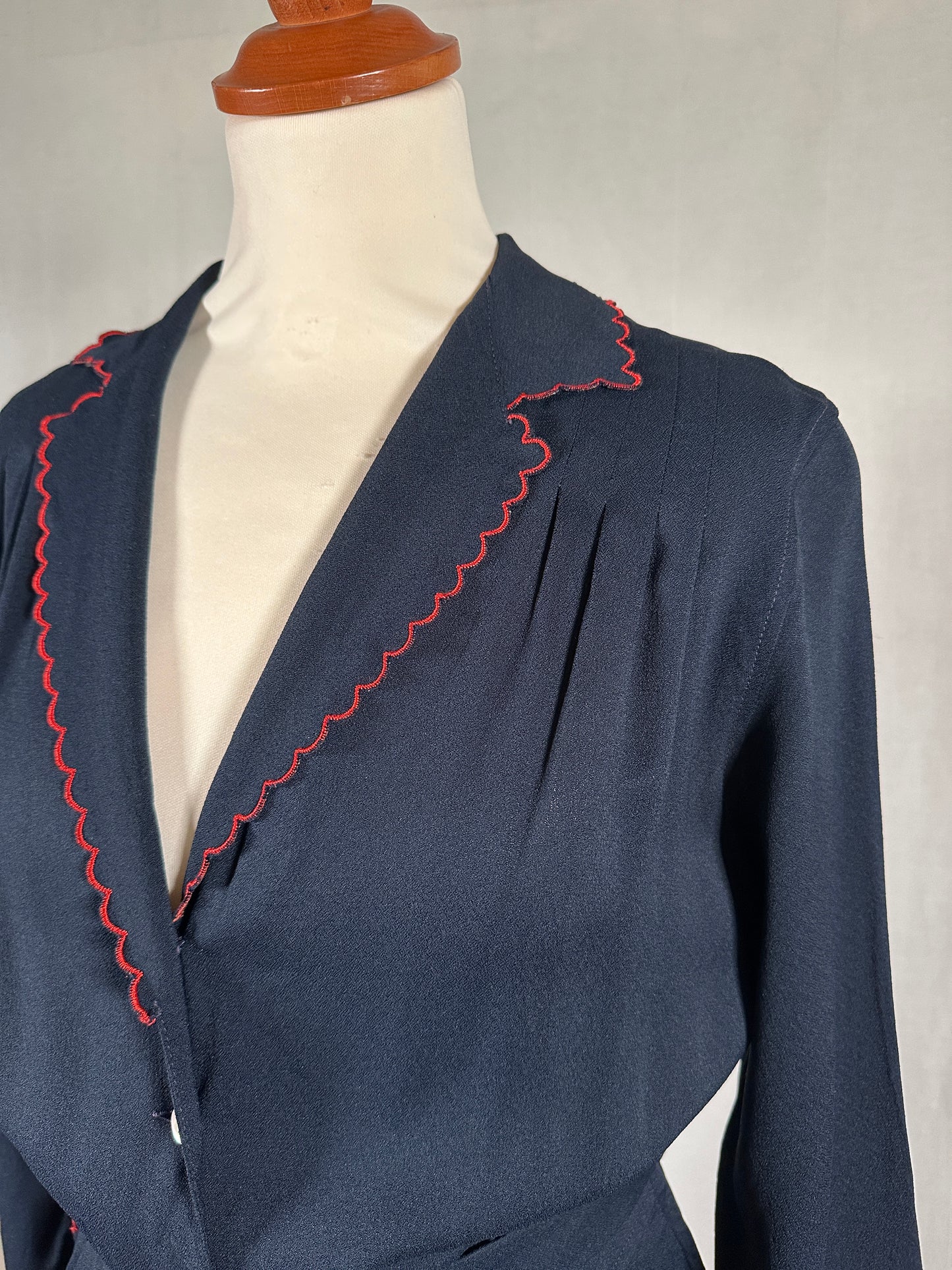 Abito Vintage Anni ‘70 in Viscosa Blu con Profili Rossi