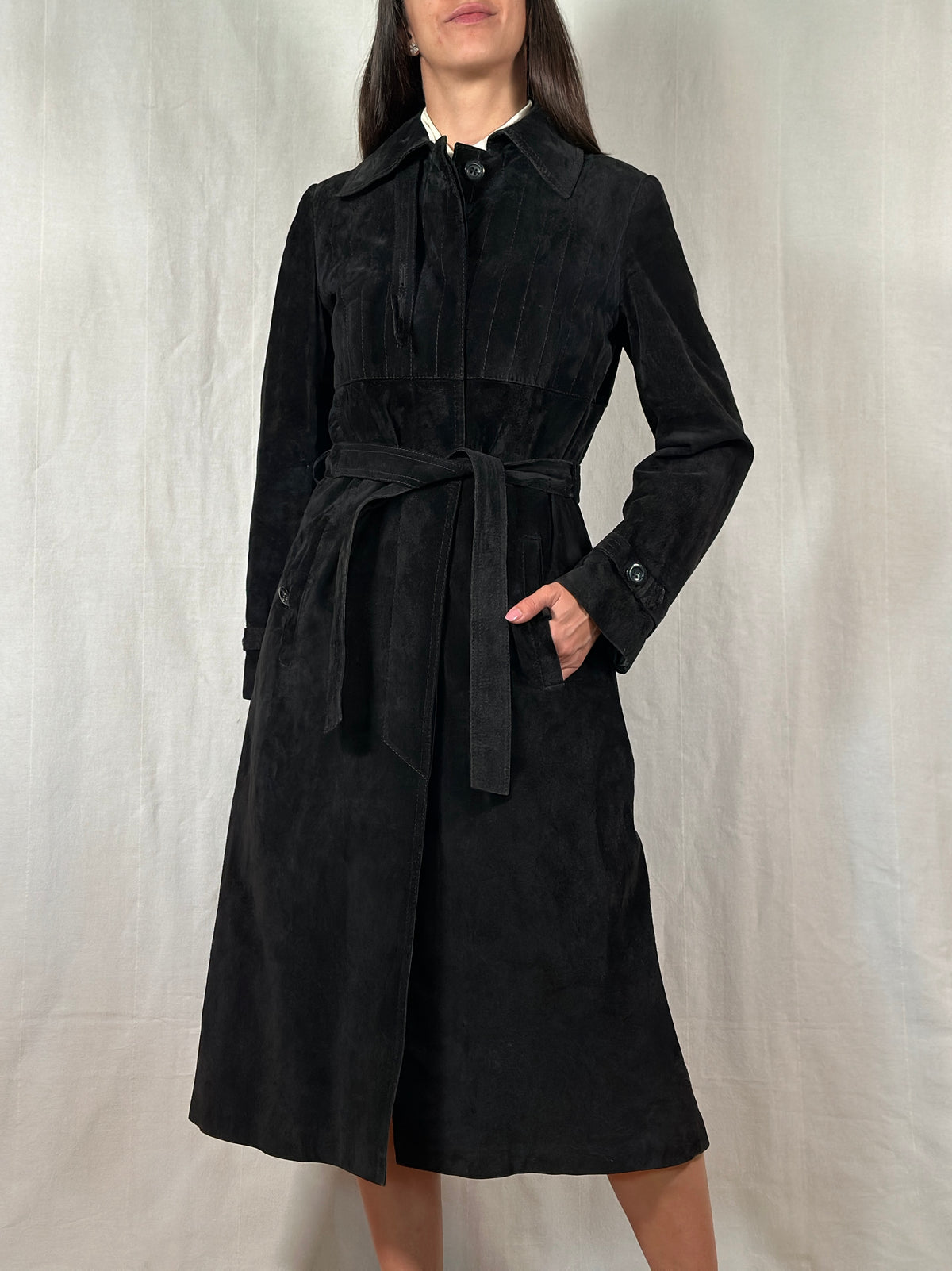 Trench Vintage Anni ‘70 in Pelle Scamosciata Nero
