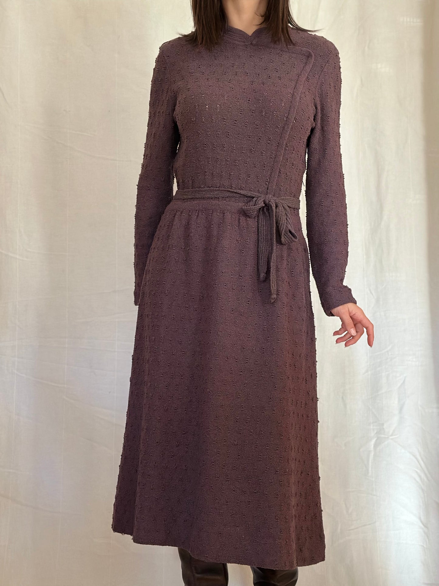 Abito Midi Anni ‘80 Nuovo Misto Lana Prugna Tg.42/44