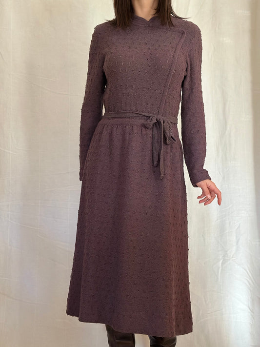 Abito Midi Anni ‘80 Nuovo Misto Lana Prugna Tg.42/44