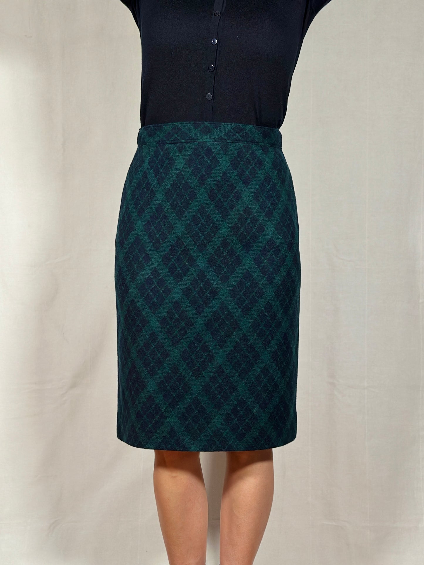 Gonna Tubino Anni ‘80 in Lana Verde a Rombi Blu