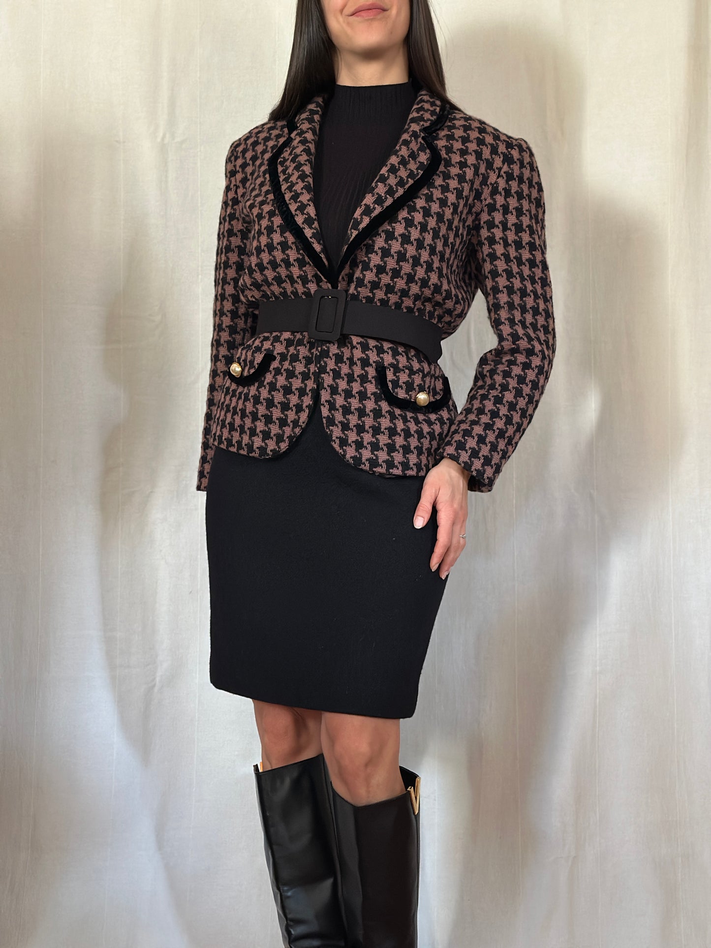 Blazer Vintage in Lana Pied de Poule Rosa e Nero Tg.44/46