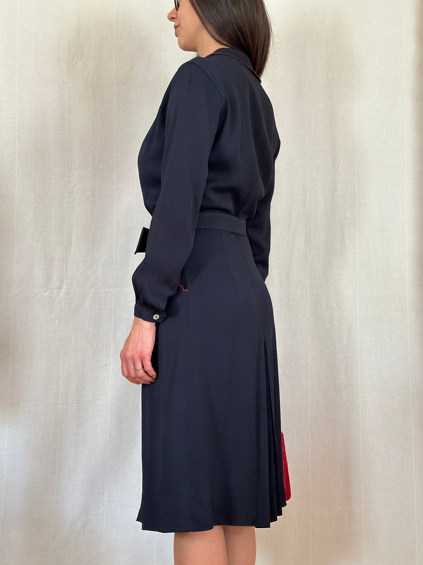 Abito Vintage Anni ‘70 in Viscosa Blu con Profili Rossi