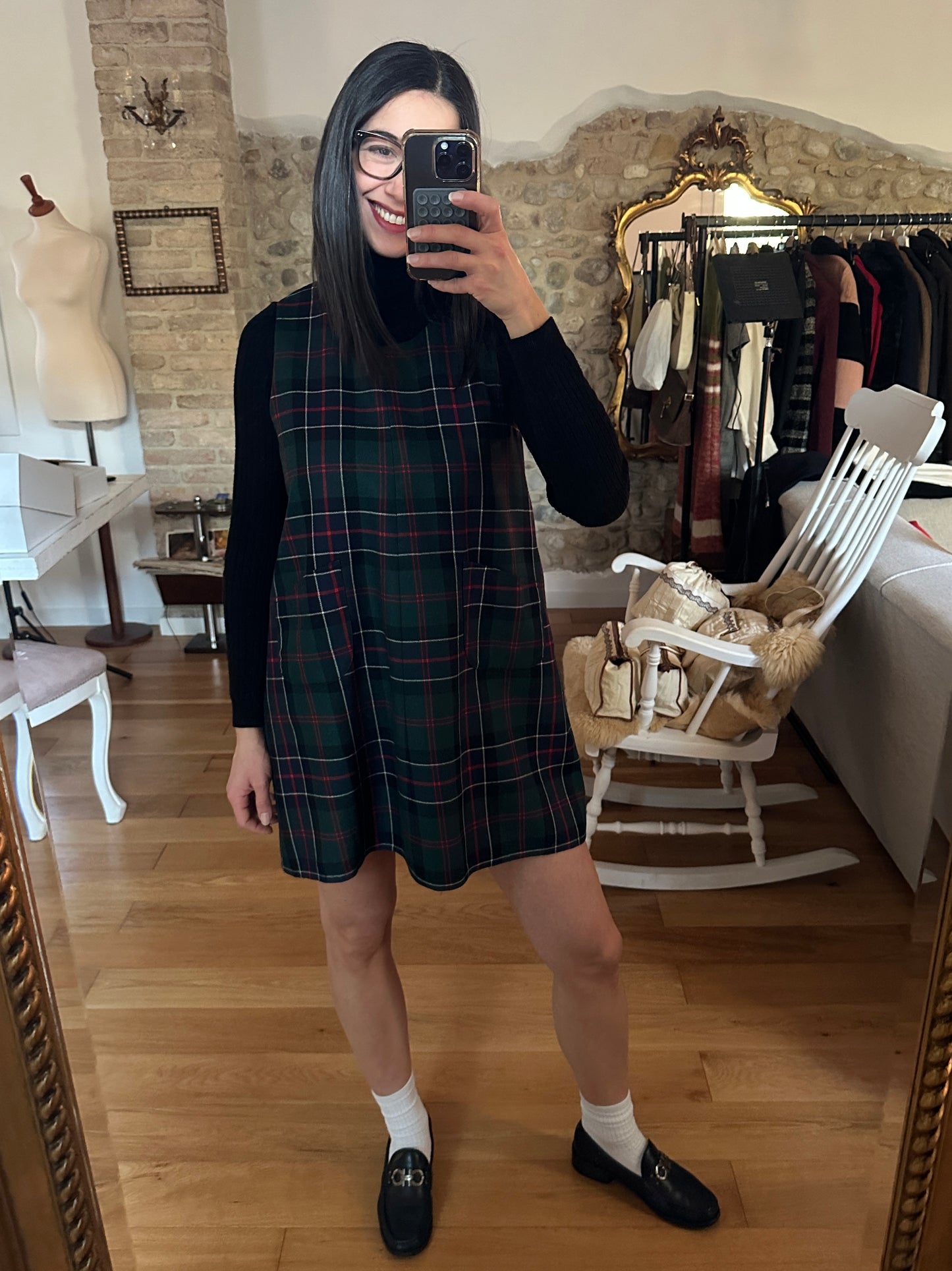 Abito Sartoriale Anni ‘60 in Lana Tartan Verde Blu