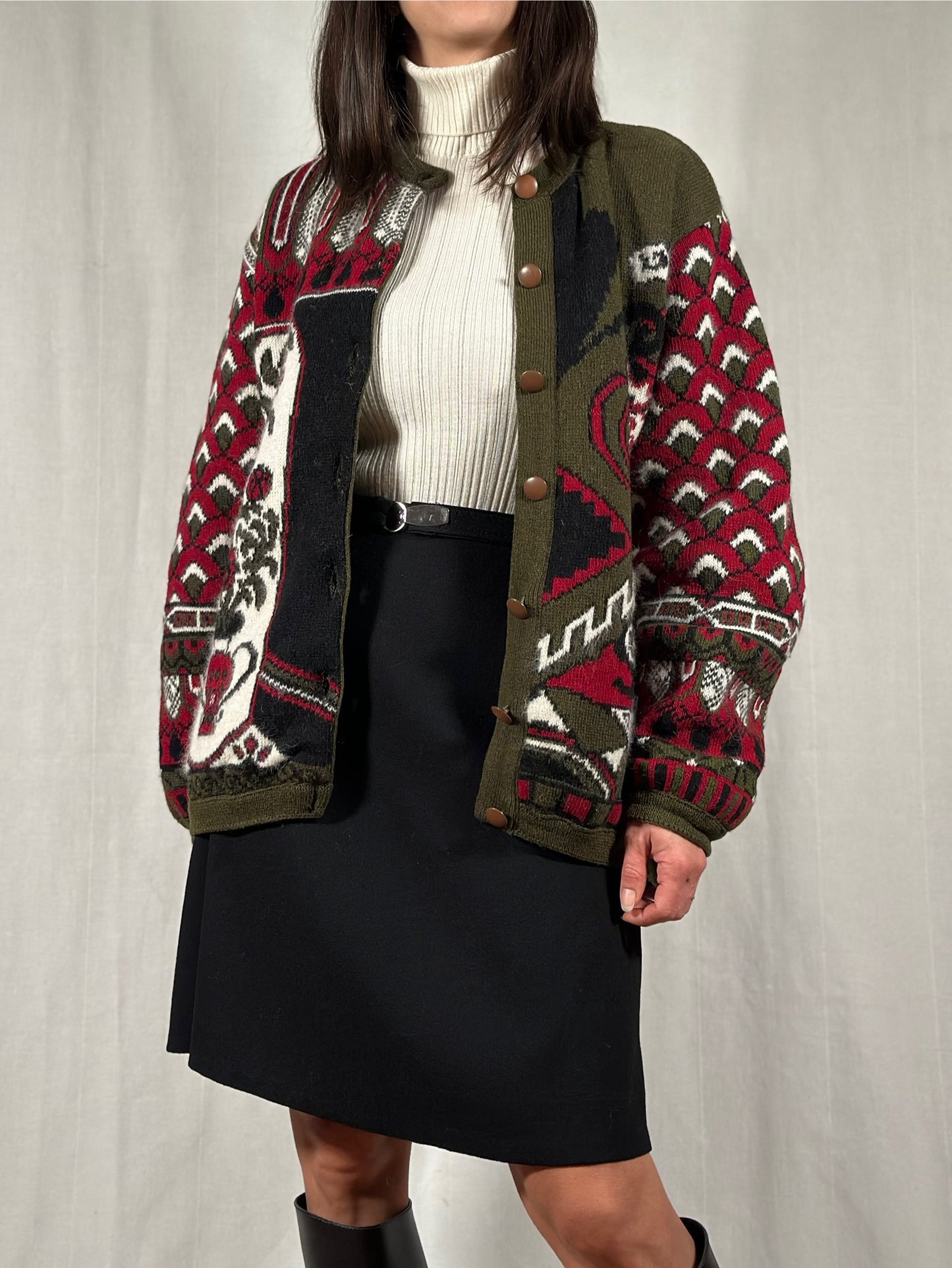 Cardigan Vintage Jacquard in Lana e Angora Verde Oliva Fantasia Bordeaux e Panna