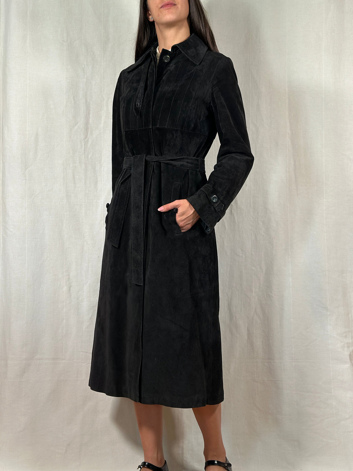 Trench Vintage Anni ‘70 in Pelle Scamosciata Nero