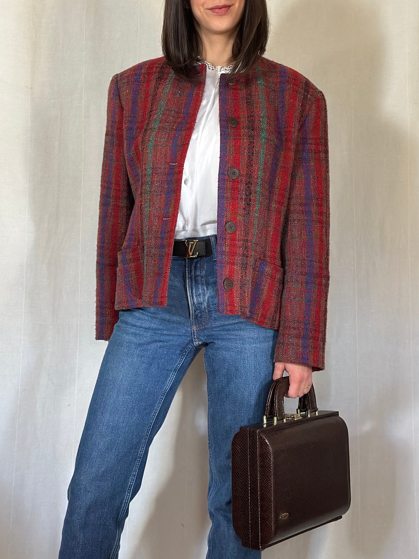 Giacca Missoni Vintage Anni ‘80 in Tweed di Lana Bouclé Bordeaux Tg.44/46