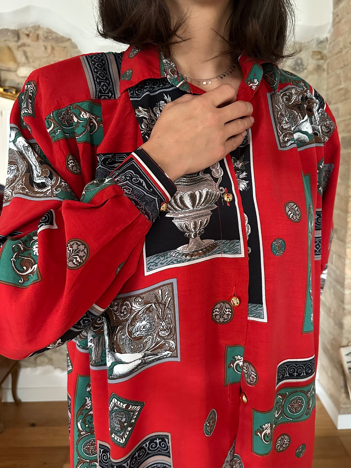 Camicia Vintage Anni ‘80 in Viscosa Rossa Fantasia Tg.Fino 56