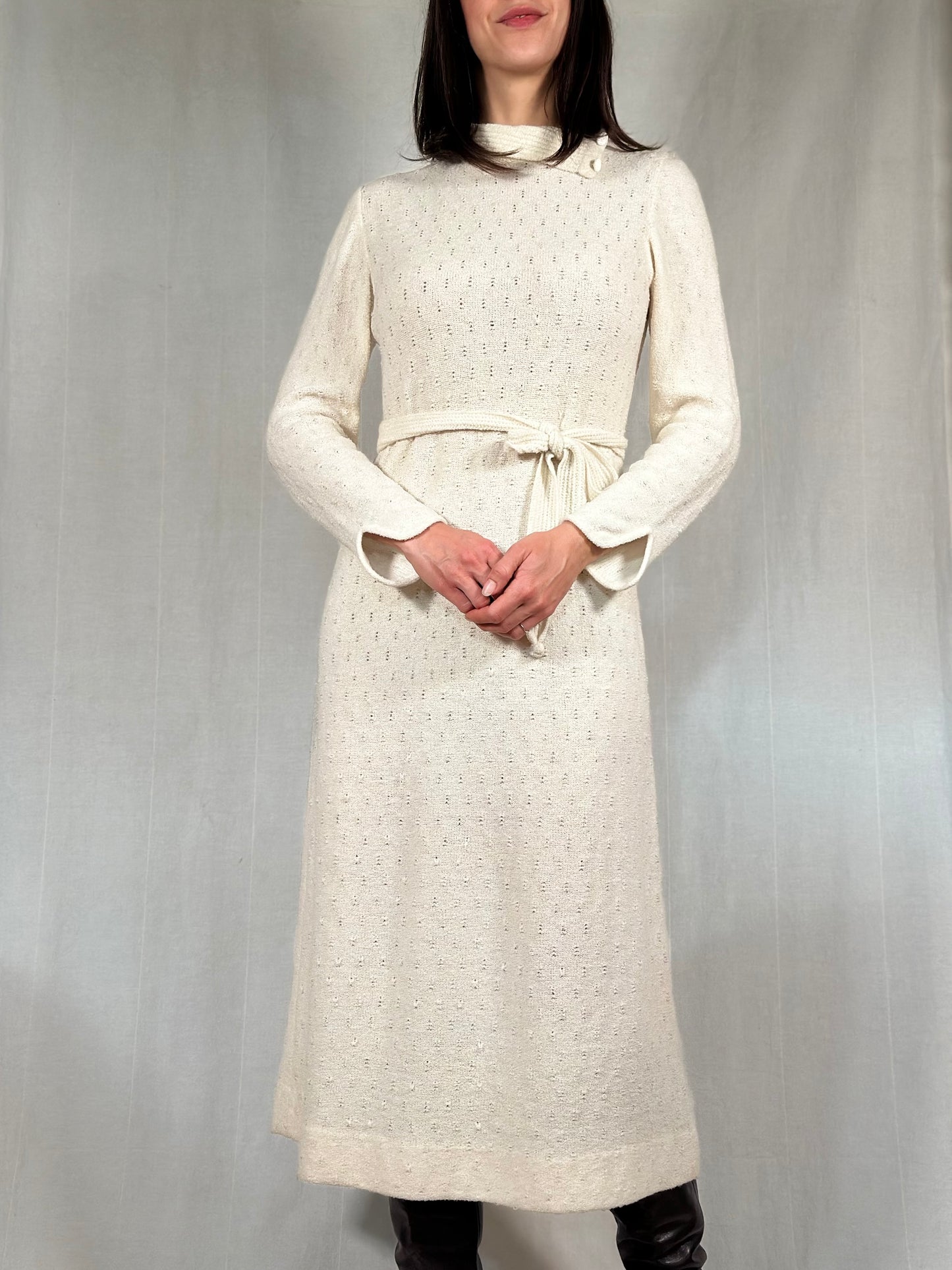 Abito Midi Anni ‘70/‘80 Nuovo Misto Lana Panna Tg.40/42