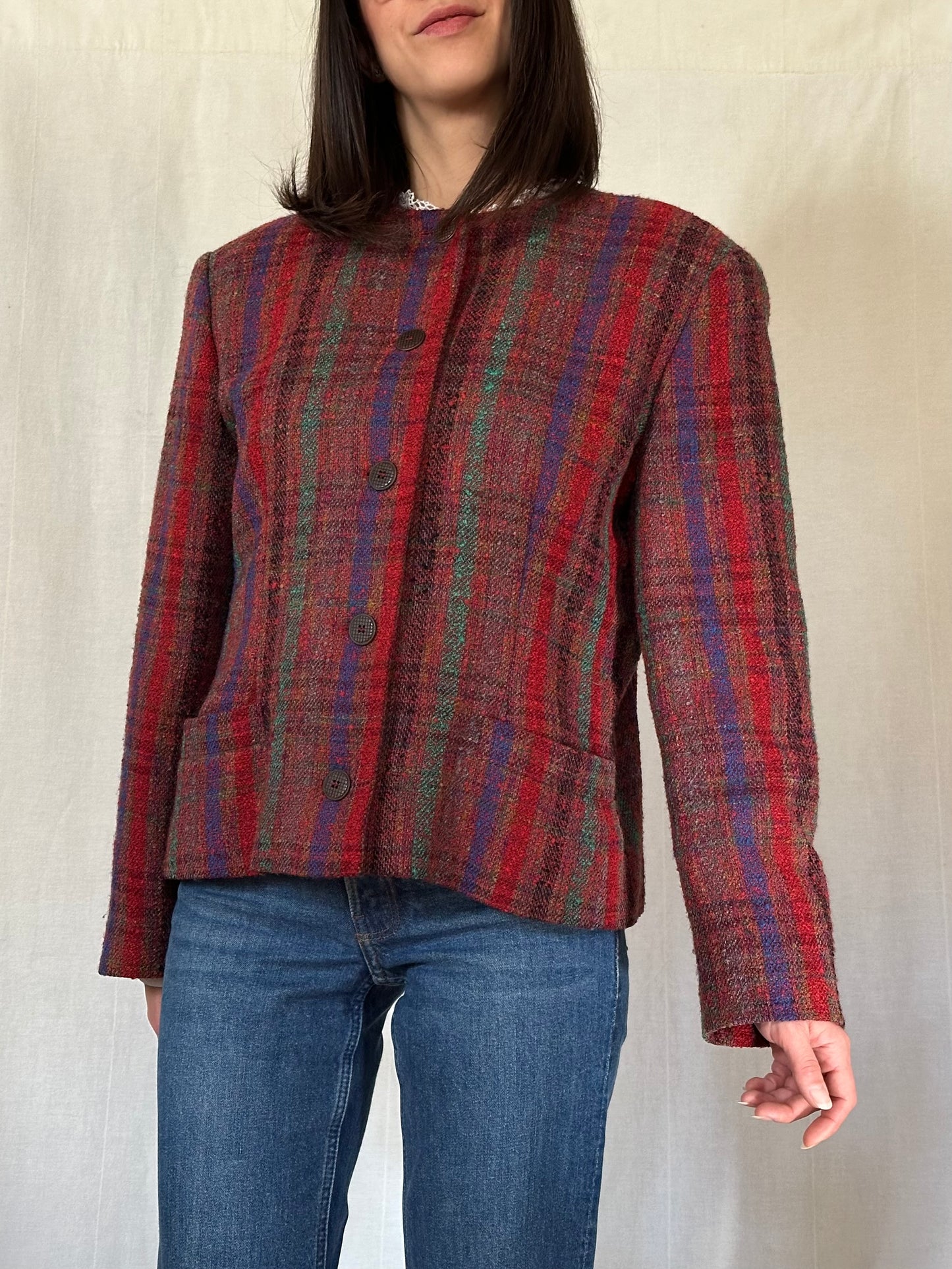 Giacca Missoni Vintage Anni ‘80 in Tweed di Lana Bouclé Bordeaux Tg.44/46