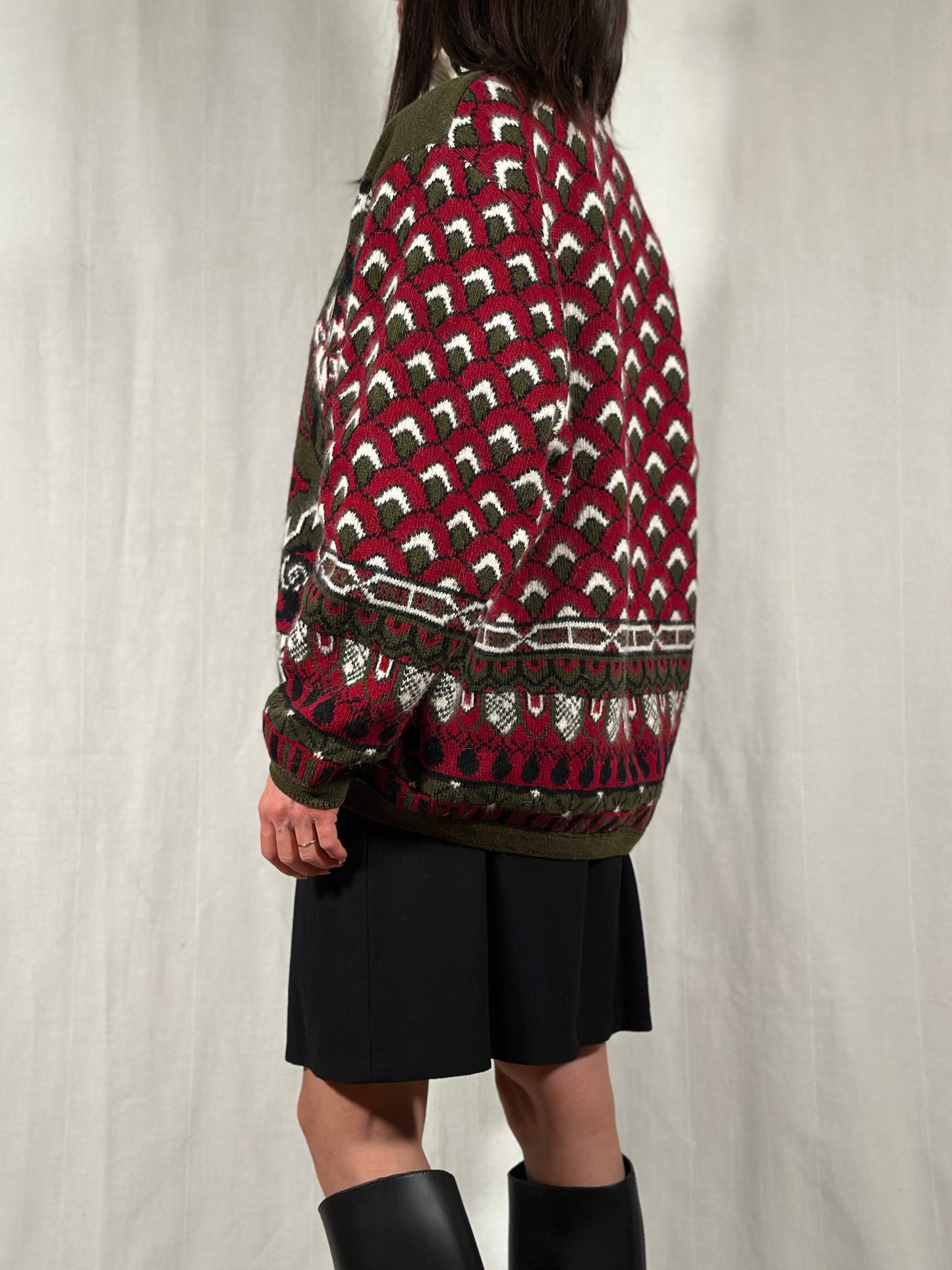 Cardigan Vintage Jacquard in Lana e Angora Verde Oliva Fantasia Bordeaux e Panna