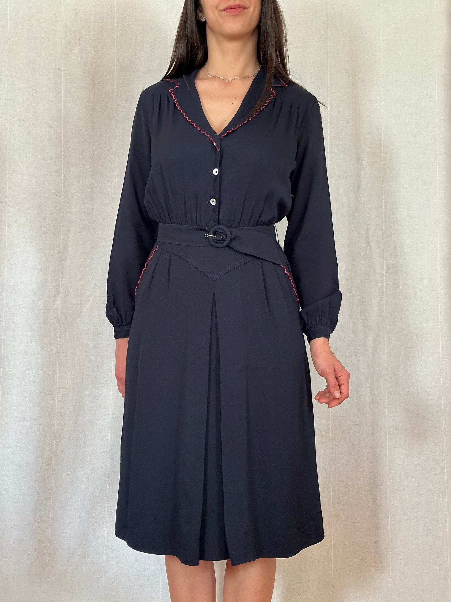 Abito Vintage Anni ‘70 in Viscosa Blu con Profili Rossi