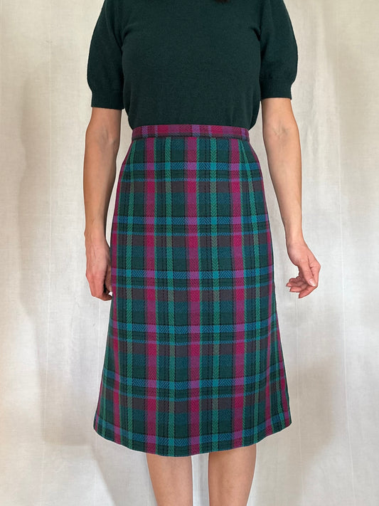 Gonna Tartan Vintage Midi Misto Lana Verde e Fucsia