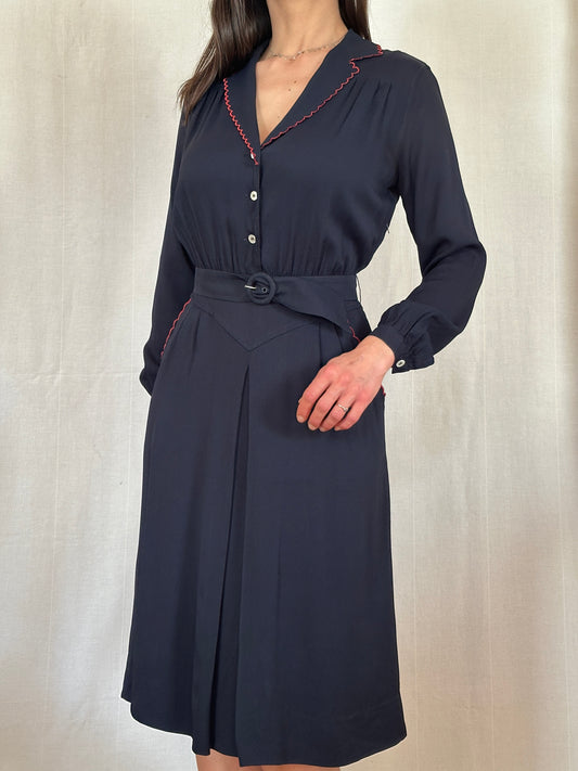Abito Vintage Anni ‘70 in Viscosa Blu con Profili Rossi