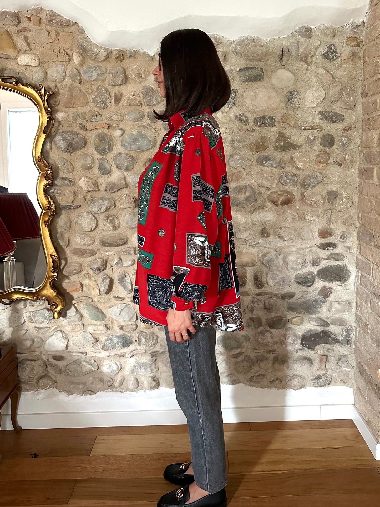 Camicia Vintage Anni ‘80 in Viscosa Rossa Fantasia Tg.Fino 56