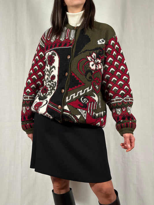 Cardigan Vintage Jacquard in Lana e Angora Verde Oliva Fantasia Bordeaux e Panna