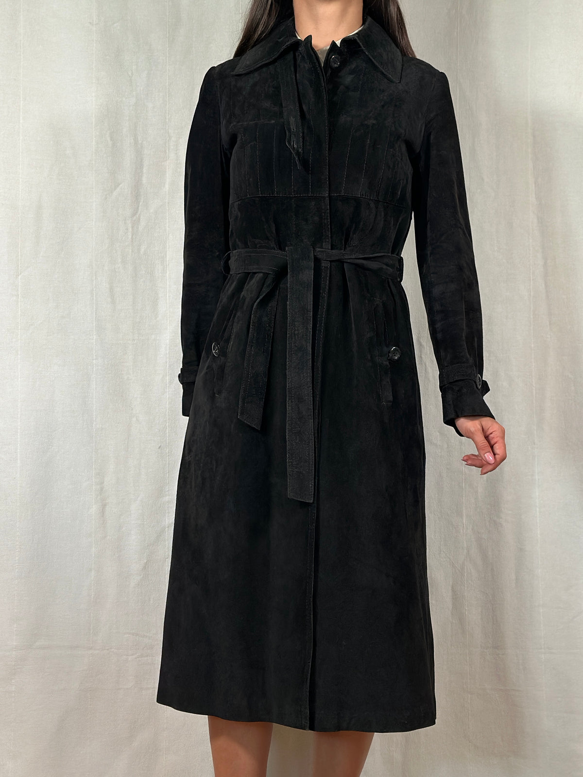 Trench Vintage Anni ‘70 in Pelle Scamosciata Nero