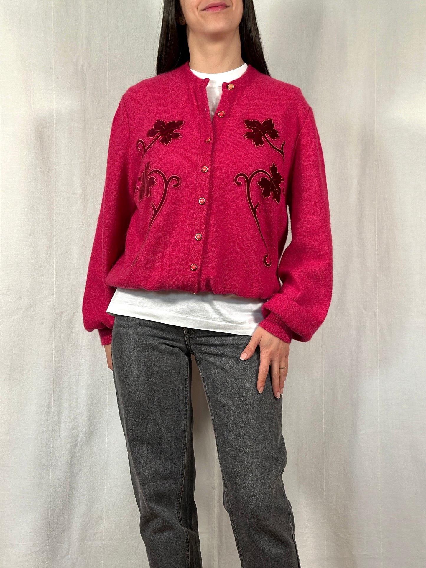 Cardigan Vintage Anni ‘80 in Misto Superkid Mohair Fucsia Tg.da 46 a 52