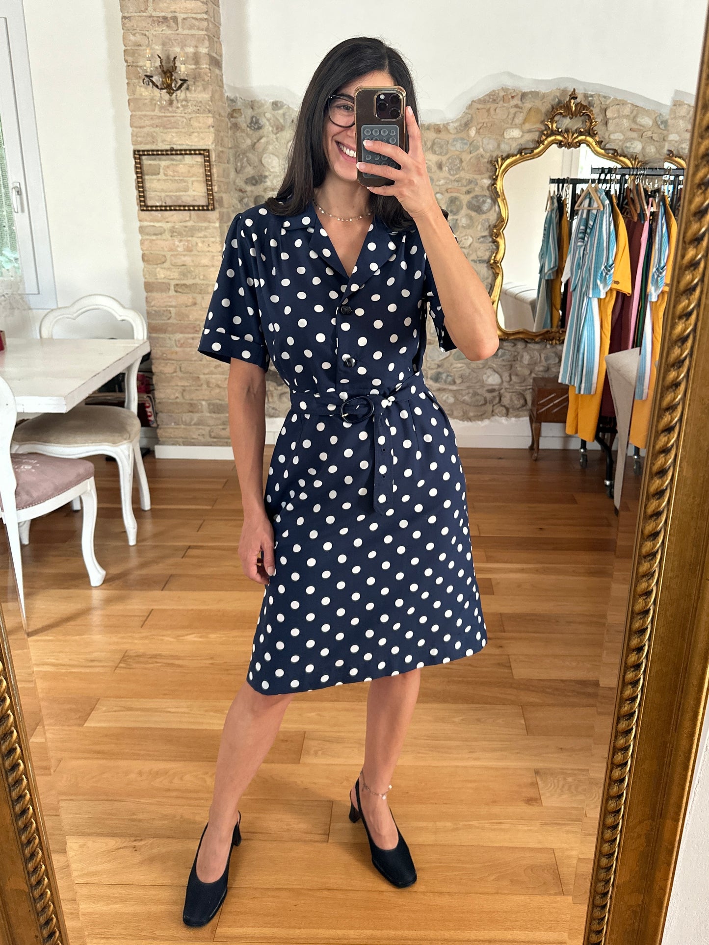Abito Vintage Anni ‘80 Blu a Pois Bianchi