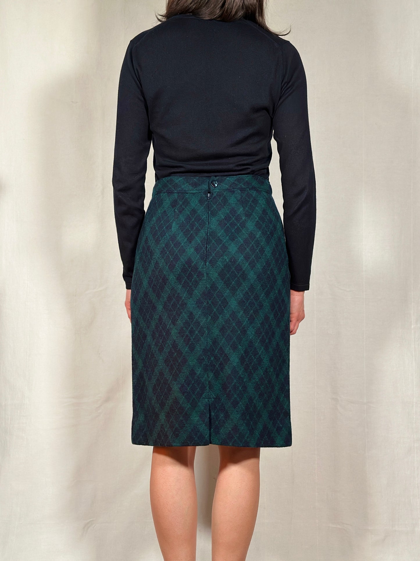 Gonna Tubino Anni ‘80 in Lana Verde a Rombi Blu