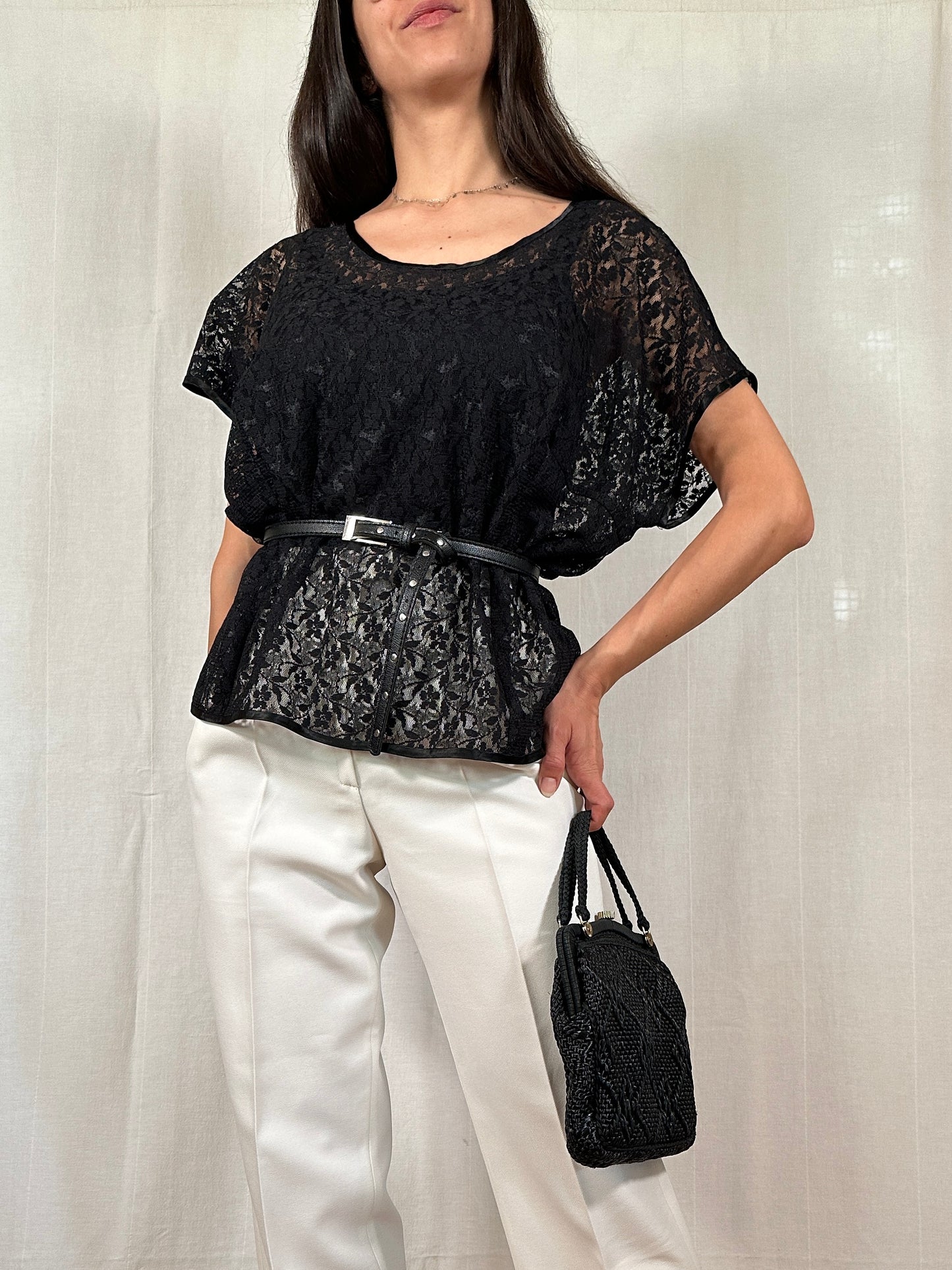 Blusa Anni ‘80 Sartoriale in Pizzo Nera
