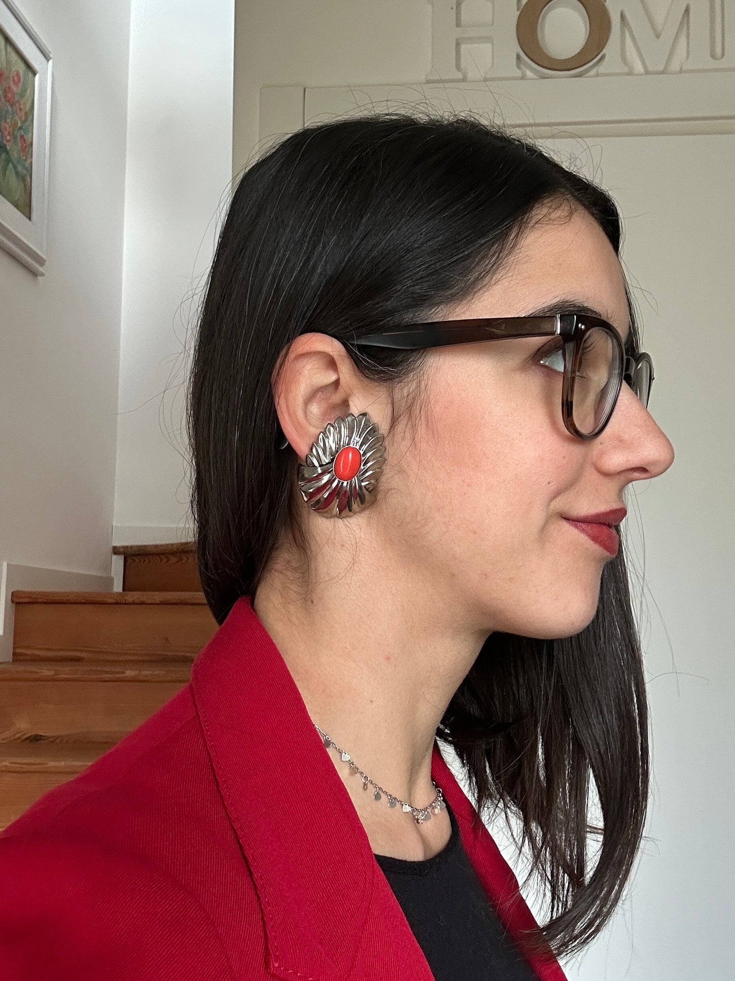 Maxi Orecchini Anni ‘80 a Clip in Metallo Argento con Cabochon Corallo