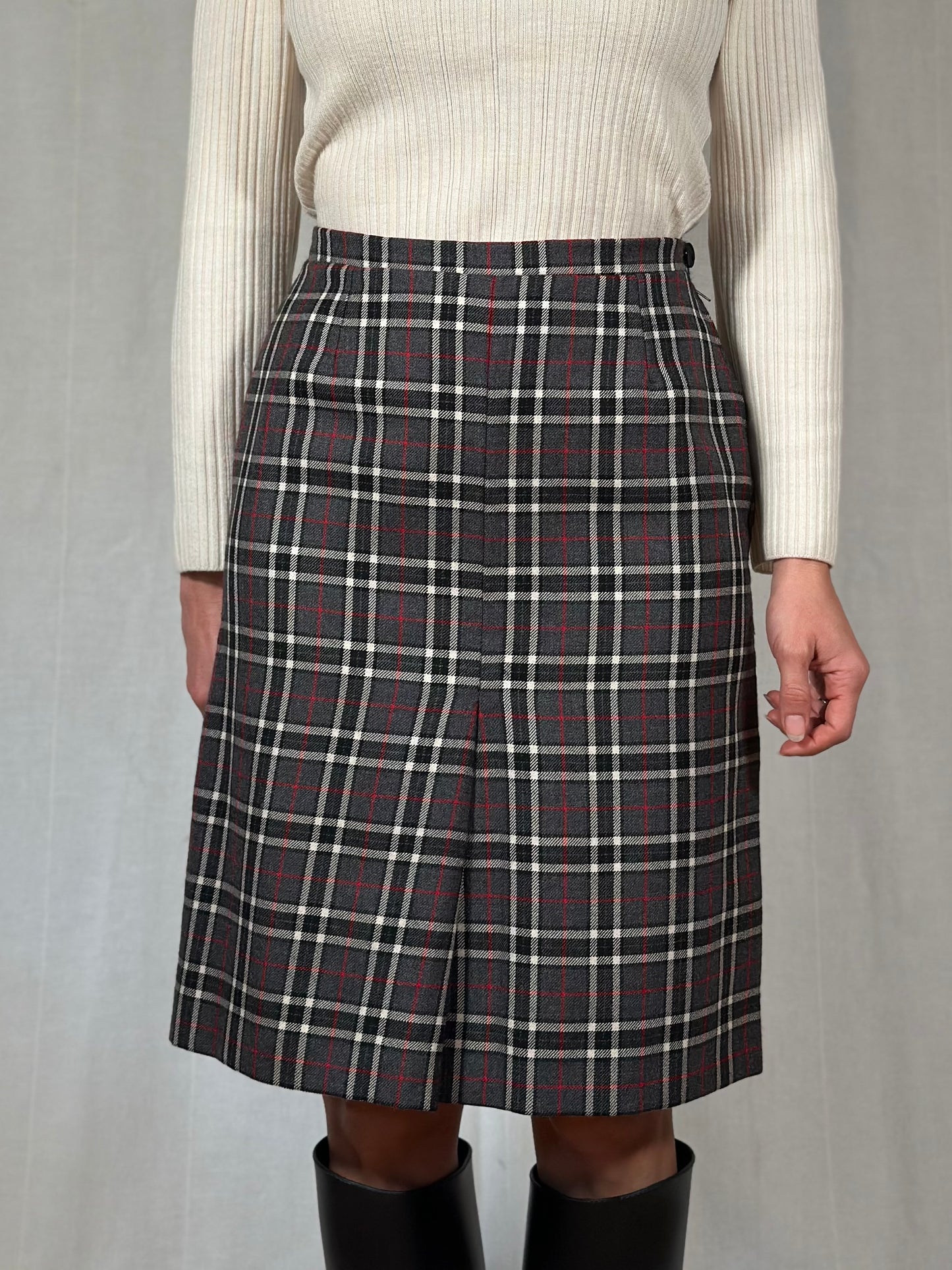 Gonna Sartoriale Anni ‘70/‘80 in Lana Tartan Grigia